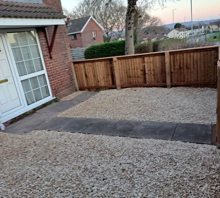 New Feather Edge Fencing installed and grass replaced with Cotswold Stones in Cwmbran
